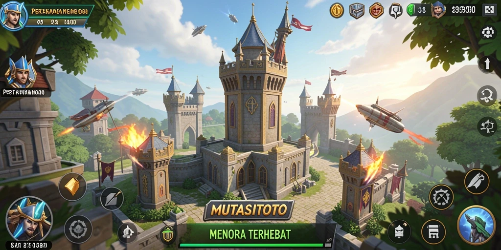 Screenshot gameplay MUTASITOTO yang menampilkan aksi Tower Defense yang intens.