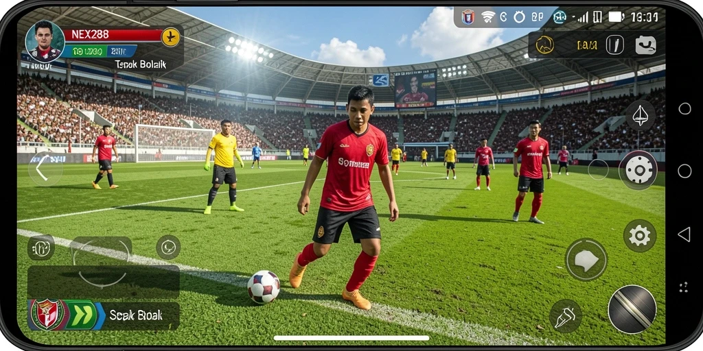 Screenshot gameplay NEX288 menampilkan pertandingan sepak bola yang seru.