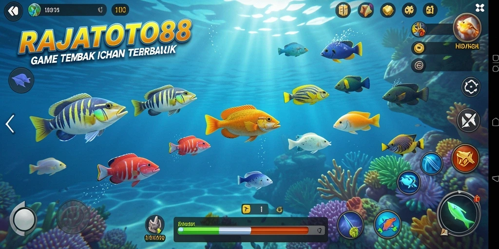 Gameplay seru RAJATOTO88 dengan ikan beragam di layar.